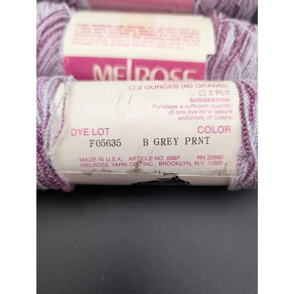 Melrose Yarn 3 Skeins 2 Ply 70% Wool 30% Rayon B Grey Print Made USA 2oz each